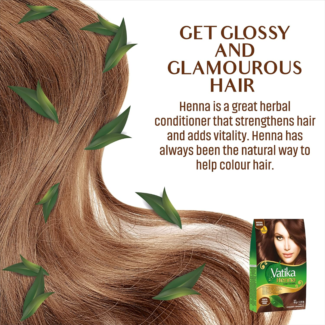 Dabur Vatika Henna Hair Color - Henna Hair Dye, With Beautiful Overtone Conditioner, Zero Ammonia For Natural Strong and Shiny Hair, 100% Grey Coverage, 18 Sachets X 10g (Natural Brown, Pack of 3)