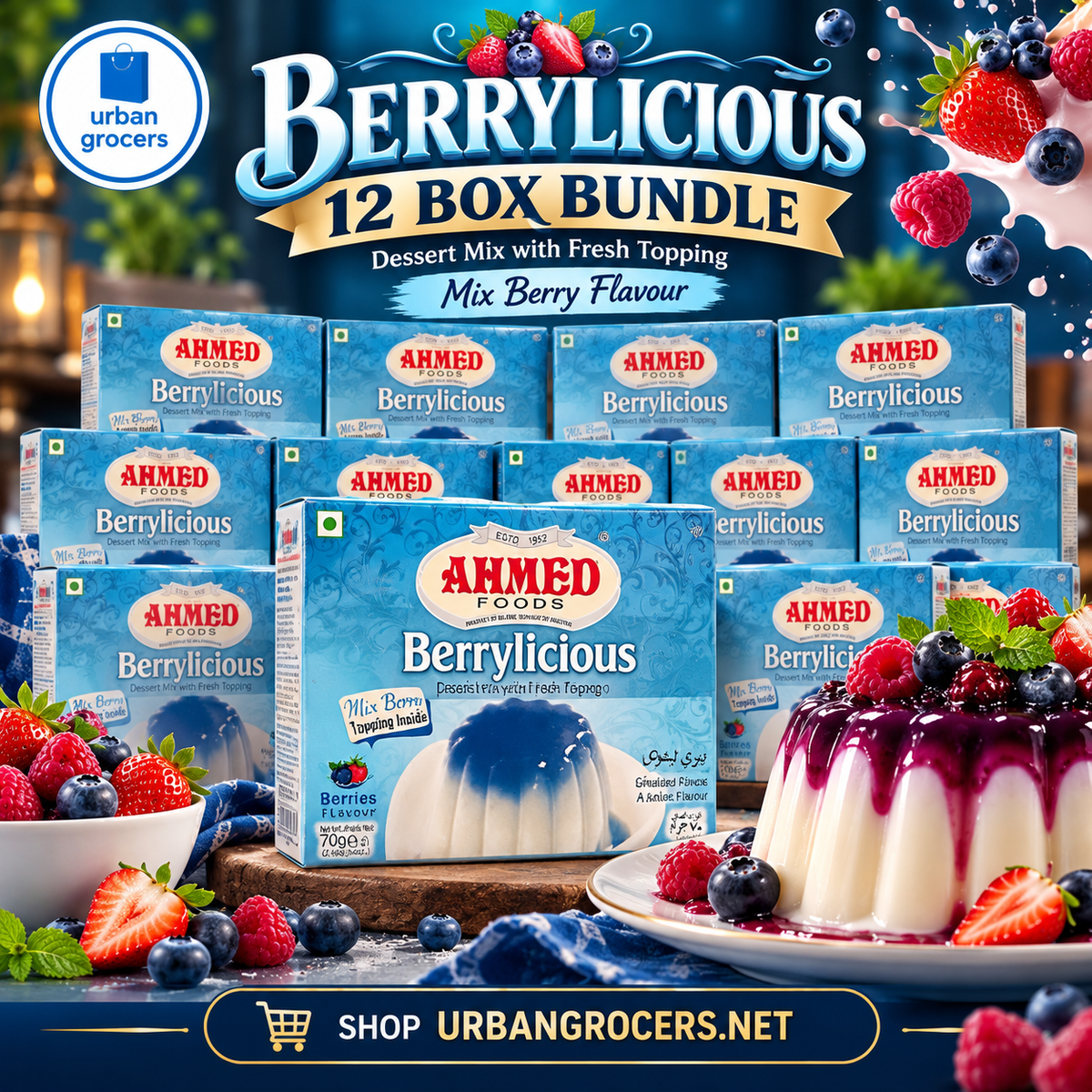 Ahmed Berrylicious mixed berry dessert mix 12-box bundle with berry-topped dessert serving suggestion