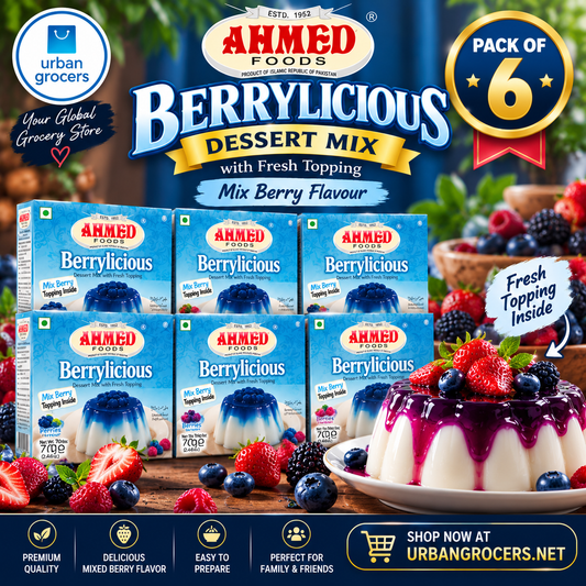 Six boxes of Ahmed Berrylicious mixed berry dessert mix with a berry-topped dessert serving suggestion