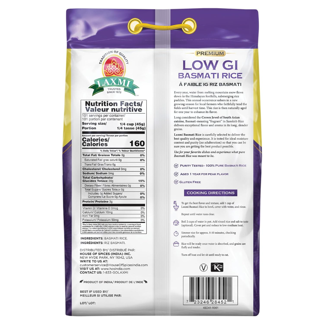 Laxmi Diabetic Friendly Basmati Rice w/Lower G.I. Index Value - 10lb