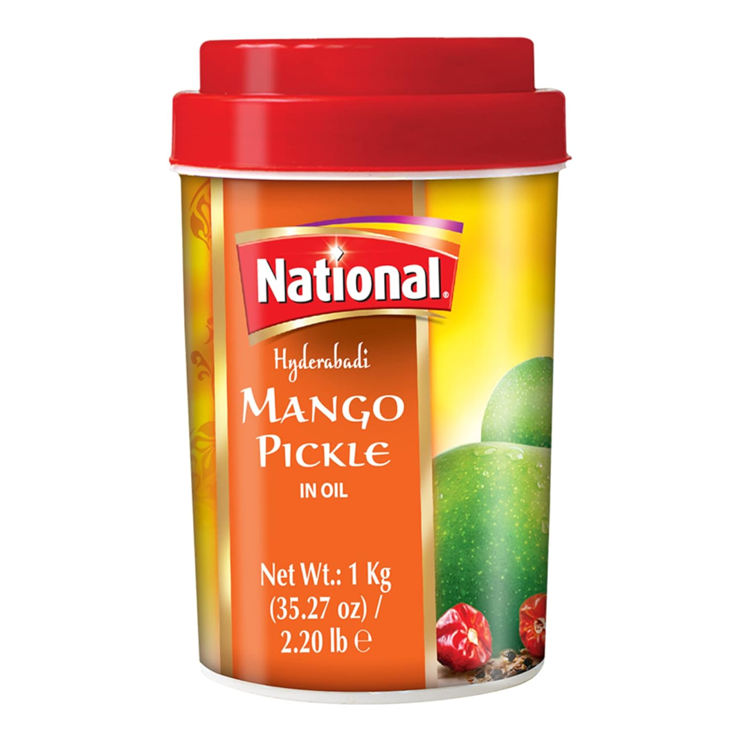 National Foods Hyderabadi Mango Pickle 35.27 oz (1000g) Sour & Spicy Traditional South Asian Relish | Zesty & Tangy Aam Ka Achaar | Plastic Jar