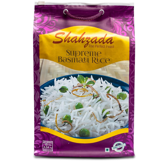 Shahzada Supreme Basmati Rice 10 Lbs – Extra Long Grain, Non-Sticky, Non GMO, Vegan, Gluten Free, No Cholesterol, Low Sodium, Zip-Lock Bag, Parboiled