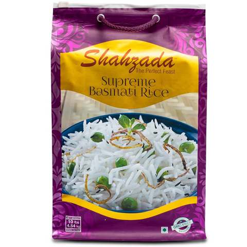 Shahzada Supreme Basmati Rice 10 Lbs – Extra Long Grain, Non-Sticky, Non GMO, Vegan, Gluten Free, No Cholesterol, Low Sodium, Zip-Lock Bag, Parboiled