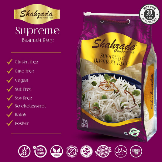 Shahzada Supreme Basmati Rice 10 Lbs – Extra Long Grain, Non-Sticky, Non GMO, Vegan, Gluten Free, No Cholesterol, Low Sodium, Zip-Lock Bag, Parboiled