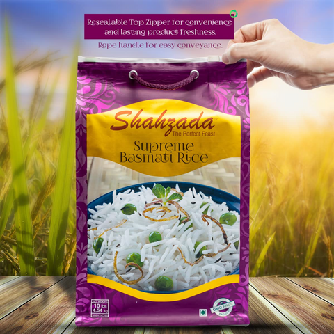 Shahzada Supreme Basmati Rice 10 Lbs – Extra Long Grain, Non-Sticky, Non GMO, Vegan, Gluten Free, No Cholesterol, Low Sodium, Zip-Lock Bag, Parboiled