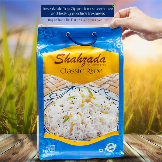 Shahzada White Classic Rice 10 lbs - Great for Daily Use, Aged, Aromatic, Flavorful & Slender, Non GMO, Quick Cooking, Everyday Rice - Zip-Lock Bag