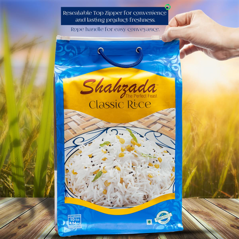 Shahzada White Classic Rice 10 lbs - Great for Daily Use, Aged, Aromatic, Flavorful & Slender, Non GMO, Quick Cooking, Everyday Rice - Zip-Lock Bag