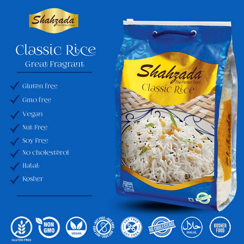 Shahzada White Classic Rice 10 lbs - Great for Daily Use, Aged, Aromatic, Flavorful & Slender, Non GMO, Quick Cooking, Everyday Rice - Zip-Lock Bag