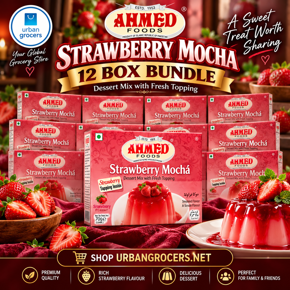 Ahmed Strawberry Mochá dessert mix 12-box bundle with strawberry dessert serving suggestion