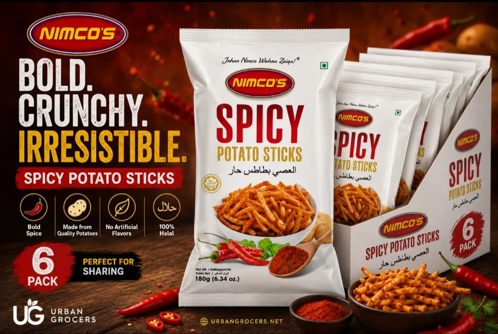 Nimco's Spicy Potato Sticks 180g 6-Pack – Bold Crunchy Halal Pakistani Snack