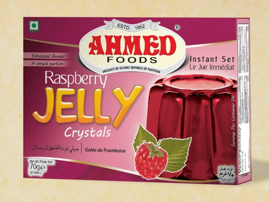Ahmed Raspberry Jelly Crystals – Halal Instant Jello Dessert Mix (70g, 12 Packs)